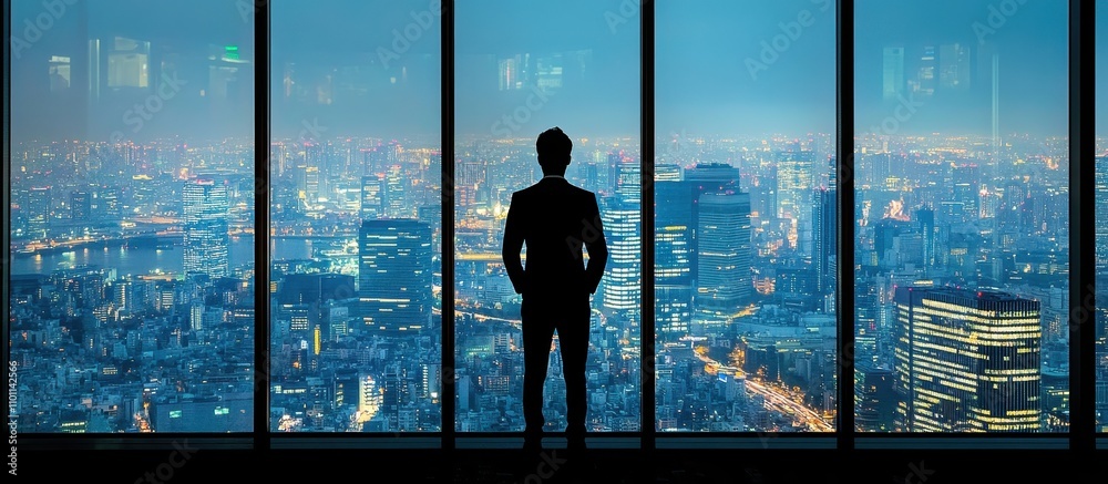 Fototapeta premium Businessman Overlooking City Skyline at Night from High-Rise Office with Panoramic Windows