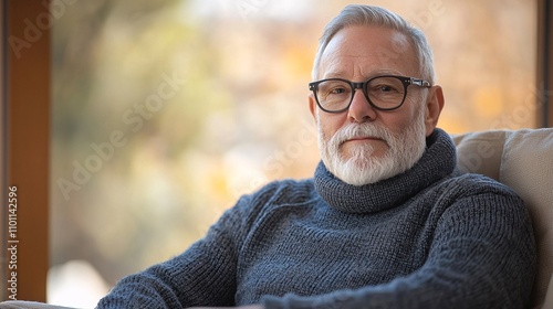 A senior participating in a group discussion about adapting to modern driving technologies Stock Photo with side copy space photo