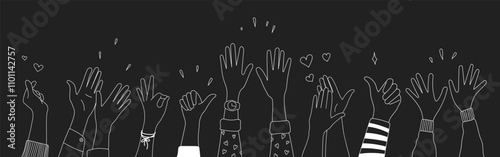 Doodle sketch hands up gestures comic icons silhouettes vector set. Group of line art fun comic hands in the air. Voting or happy congratulation audience recognition symbols.