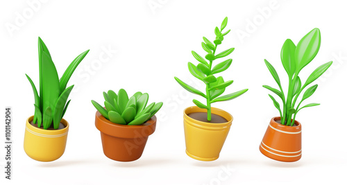 3d green plants in flower pots for house interior decor. Render cartoon set of sansevieria, succulent, money tree and ficus in planters, isolated houseplants for home garden or office. 3D illustration photo