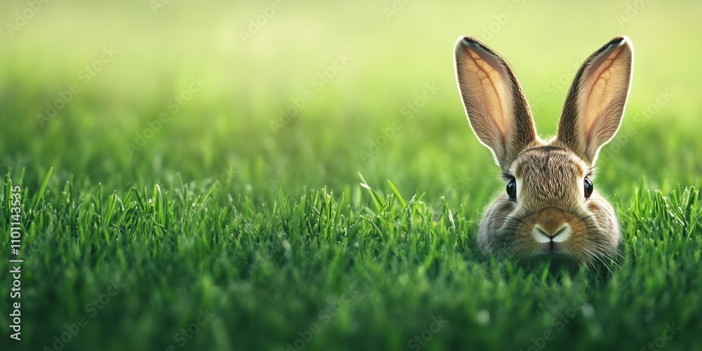 Obraz premium Cute rabbit in green meadow with sunny atmosphere perfect for easter themes