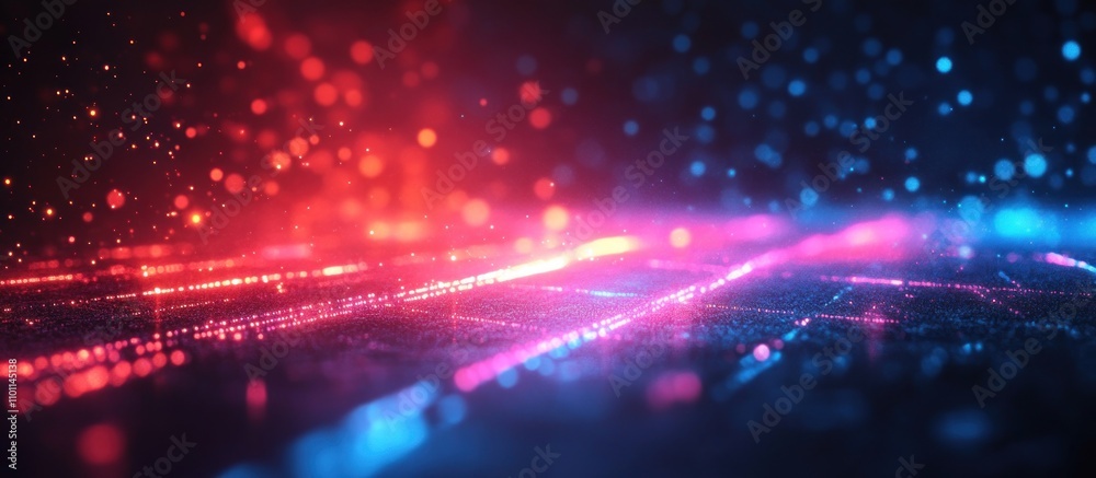 Obraz premium Abstract background with red and blue glowing lines and bokeh lights.