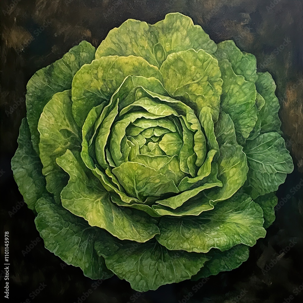 Fototapeta premium Close-up of a Vibrant Green Lettuce, Botanical Still Life, Fresh Vegetable, Nature Photography