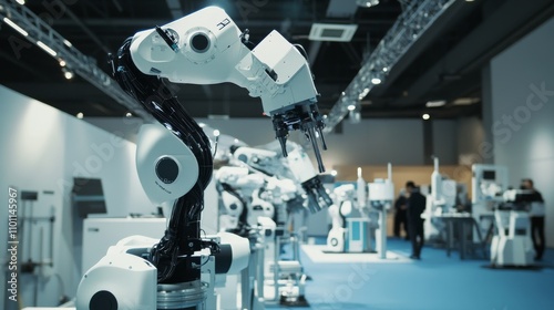 An innovative industrial robotics exhibition with AI-powered machines and automated assembly lines, Industrial style, photo of