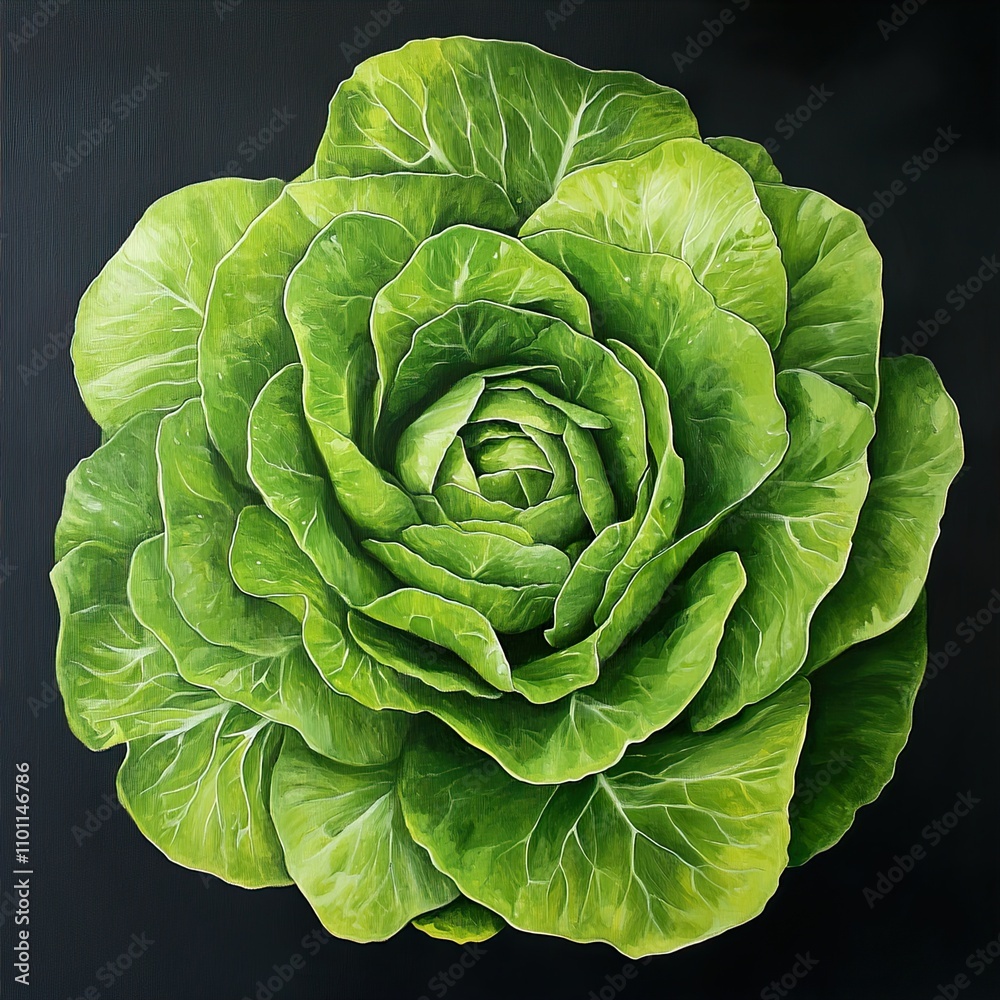 Fototapeta premium Close-up of a vibrant green lettuce, showcasing its intricate details and texture. A botanical still life celebrating the beauty of nature's bounty.