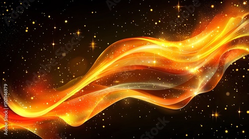 An abstract New Year background with swirling golden light trails forming dynamic shapes on a dark backdrop Stock Photo with side copy space