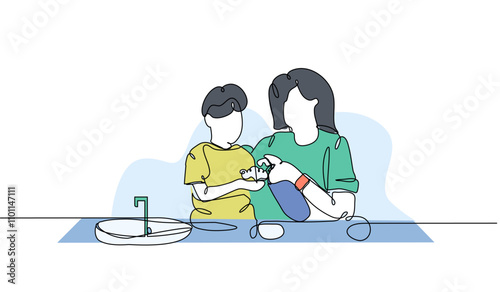 Vector illustration of a mother teaches a boy to wash his hands in the sink. Modern flat in continuous line style.