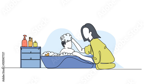 Vector illustration of a mother bathes her child while soaking in the bathroom. Modern flat in continuous line style.