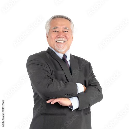portrait of a senior business man with suit , Asian senior man , old man , feel happy good health standing arms crossed isolated on a transparent background - lifestyle senior male concept