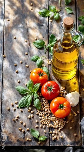 Overhead view of fresh Italian cooking ingredients artfully arranged on rustic wooden surface. Natural styling with authentic products and thoughtful composition.