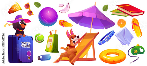 Dog in summer beach vacation trip with luggage. Cute pet friend with suitcase, collar and leash for happy rest on resort isolated design set. Animal journey with umbrella, sunbed, spf and lifebuoy