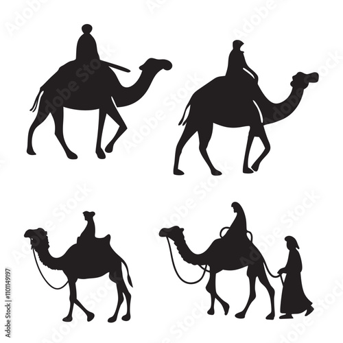 Set of black camels silhouettes on white background illustration