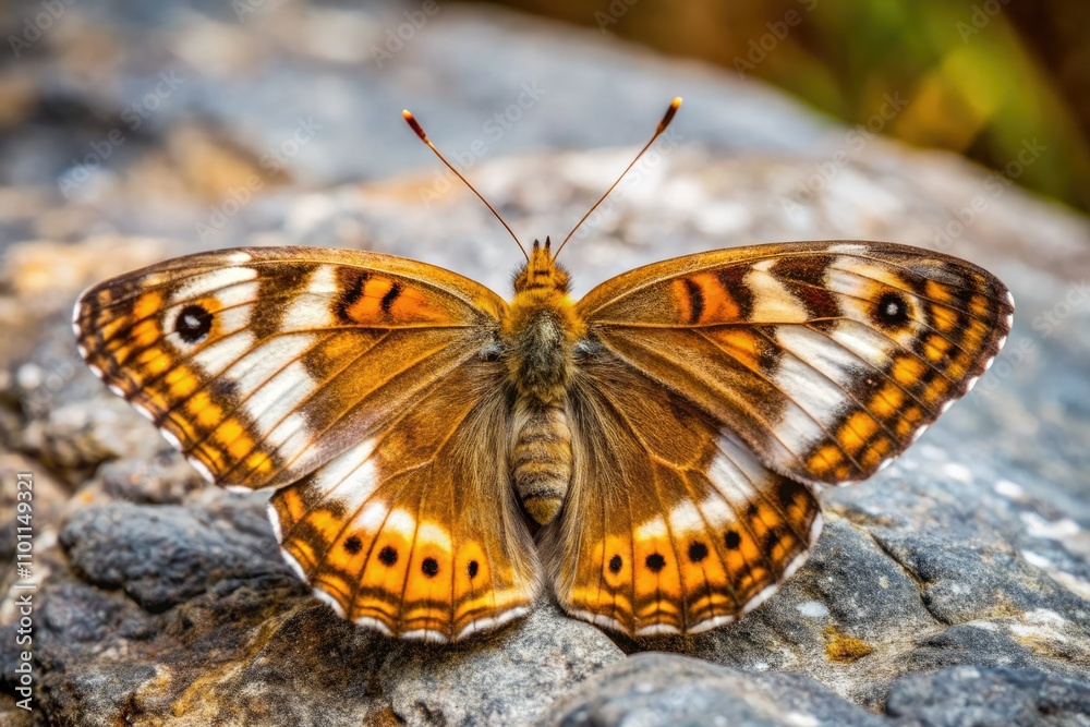 Obraz premium Brown and White Butterfly on Grey Rock Panoramic