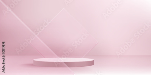 3d pastel pink podium with glass stand on background. Cosmetic product display platform for feminine ad or presentation. Natural limbo light on luxury fashion showcase banner. Modern promotion mockup