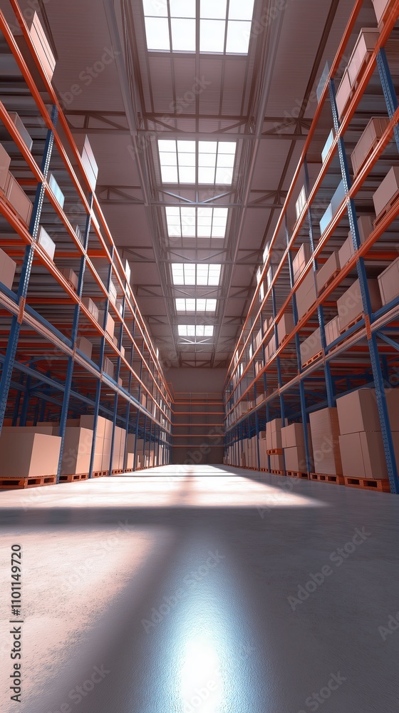 Fototapeta premium Interior of a large warehouse with stacked boxes
