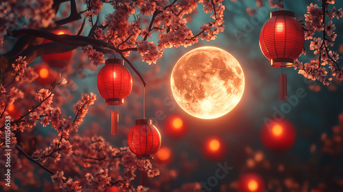 Red lanterns hang from blossoming branches under a large orange moon. Suitable for festive orientalthemed designs and Chinese New Year. Generated AI photo