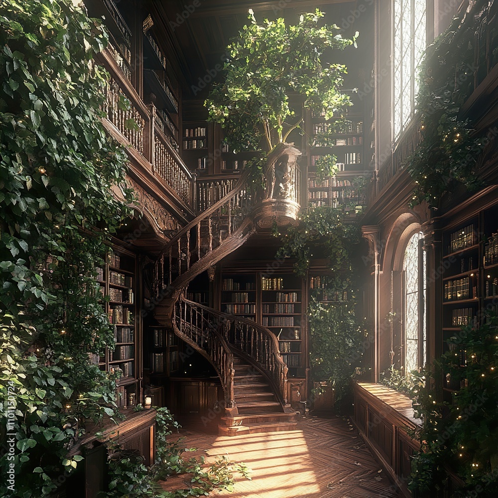 Fototapeta premium Enchanted Library: A Sunlit Haven of Old Books and Wooden Architecture
