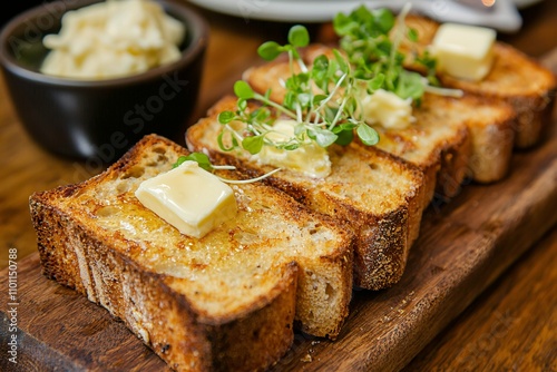 A close-up of an intricately designed wooden breadboard featuring golden Irish soda bread slices topped with creamy butter and fresh herbs. photo