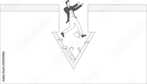 Businessman falling down a downward arrow shaped hole