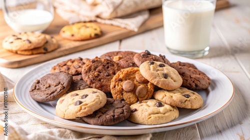 Fresh milk and homemade cookies on a plate with a glass of milk