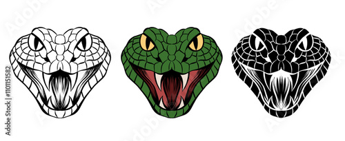 Vector set of evil snake heads in color, monochrome and outline style. Symbol of 2025 Chinese New Year. Serpents collection
