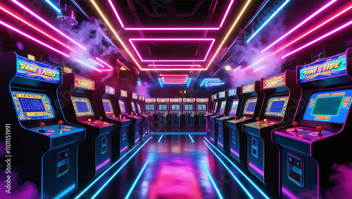 Neon-Lit Arcade with Rows of Retro Arcade Machines
 photo