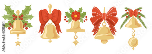 Vector set of golden Christmas bells with red ribbons, leaves and floral decorations isolated from background in cartoon style.
