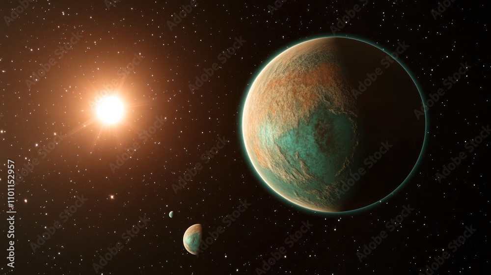 Obraz premium An exoplanet with teal oceans and brown continents orbits a bright orange star, accompanied by two small moons.