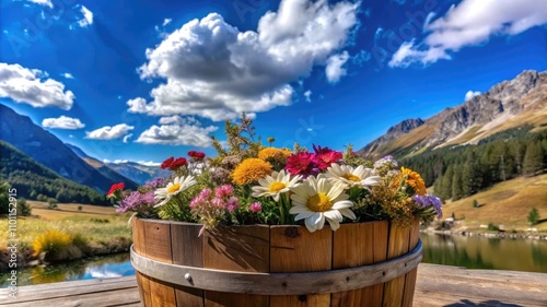 A scenic view of blooming flowers near a tranquil lake and colorful flowers on a lush mountain photo