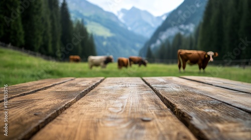 Rustic wooden table in foreground with blurred cows grazing on grass in alpine landscape