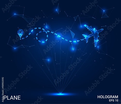 Hologram plane. Plane made of polygons, triangles, dots, and lines. Low-poly plane structure of connections. Technology concept vector.