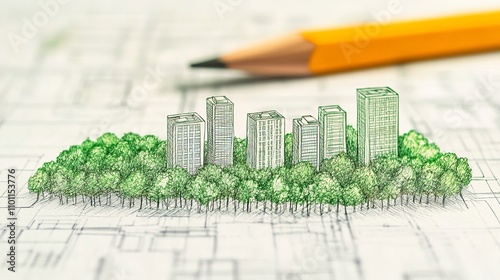 Eco-city concept hand-drawn green forest and buildings on an photo