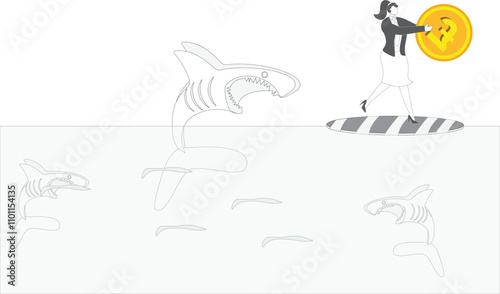 Businesswoman with British Pound Currency is getting attacked by a shark