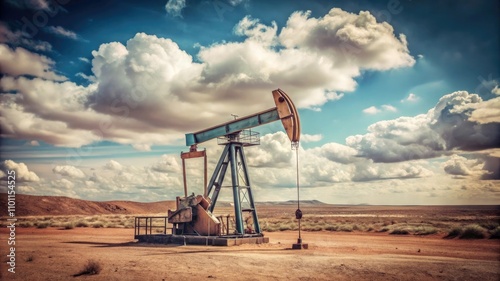 Oil pump jack in the desert field with heavy machinery and equipment photo