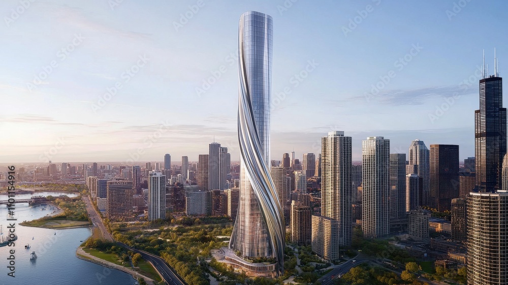 Naklejka premium Towering Skyscraper Amidst the Chicago Skyline at Sunset