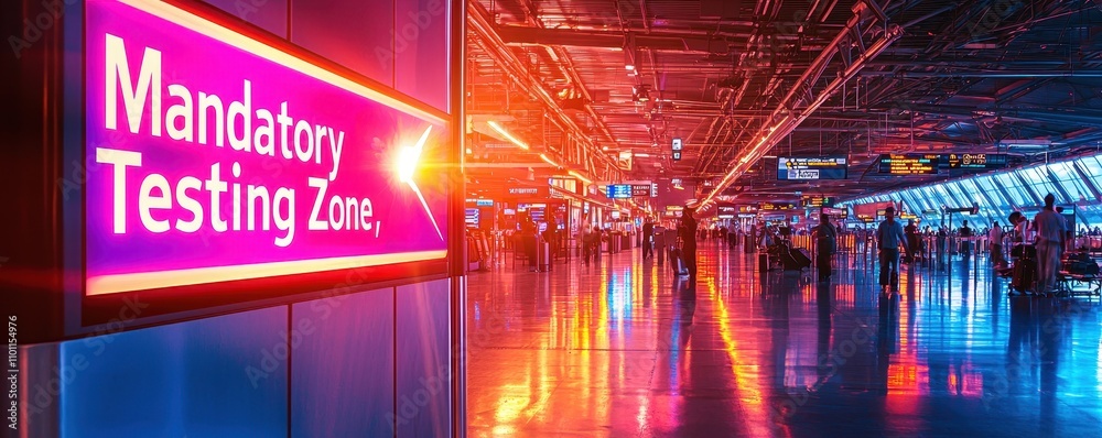 A brightly lit airport scene featuring a A brightly lit airport scene featuring a