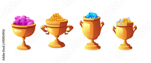 Award trophy gold cups with jewelry, gold coins, gemstones vector icon set, champion glory, game winner treasures goblet