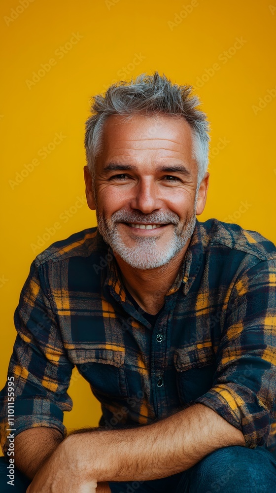Obraz premium A middle-aged man with graying hair, wearing a plaid shirt, sitting casually with a relaxed smile, against a mustard yellow background.