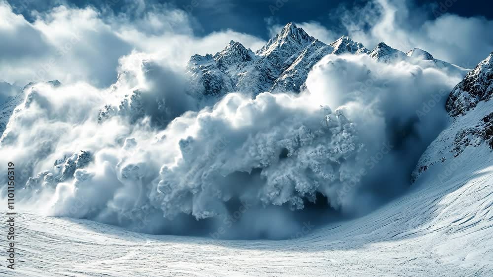 A massive snow avalanche thunders down the rugged mountainsides, showcasing the aweinspiring force and beauty of nature under a stormy sky during this intense winter moment filled with wonder
