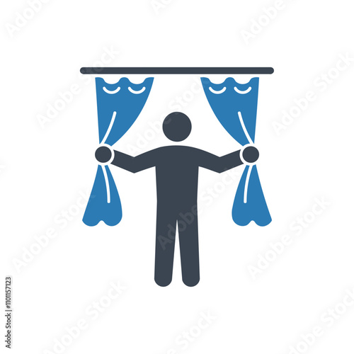 Person standing between curtains icon