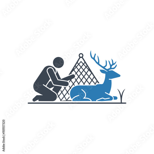 Person untying deer in net icon