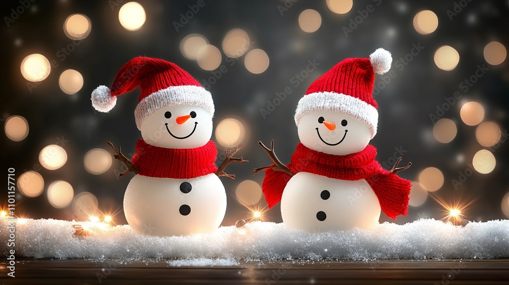 Two cheerful snowmen, adorned with hats and scarves, sit playfully on a festive table, embodying the spirit of Christmas joy and winter wonder. Two cheerful snowmen, adorned with hats and scarves, sit playfully on a festive table, embodying the spirit of Christmas joy and winter wonder.