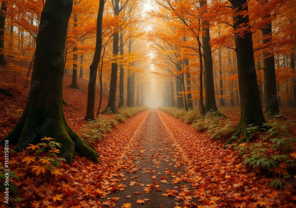 Fototapeta premium Vibrant autumn forest pathway surrounded by colorful foliage in serene light