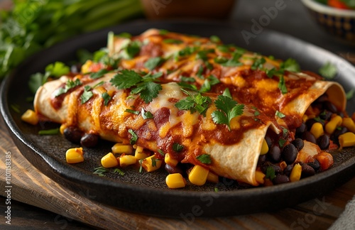 Vegetarian enchilada pie layered with tortillas, sauce, pinto beans, corn, zucchini and mexican blend cheese. photo