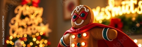 A festive and cheerful digital illustration featuring a gingerbread man dressed as a superhero. The gingerbread man is standing proudly in a snowy winter scene, with a Christmas tree and glowing light