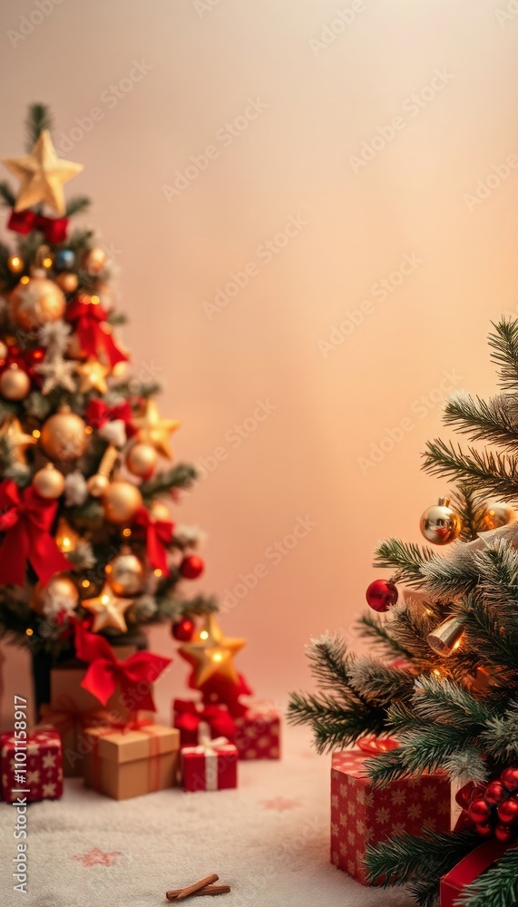 Decorated Christmas trees with ornaments and gifts in a festive room setting. Decorated Christmas trees with ornaments and gifts in a festive room setting.