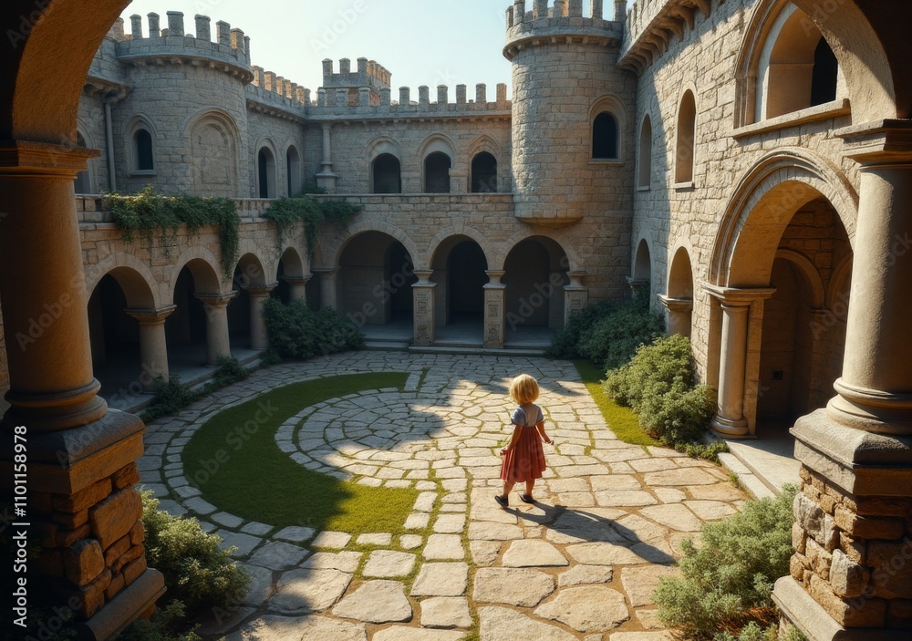 Obraz premium Enchanted courtyard with a girl exploring a historic stone castle in the afternoon