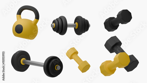 3D vector illustration of Cartoon dumbbells, barbells and weights on white background. Bright modern design, ideal for sports and wellness themes