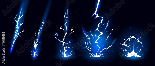 Lightning strike bolt silhouettes sequence vector illustration. Bright thunderbolts and zippers are natural phenomena isolated on a dark background. Thunderstorm electric effect of light shining flash