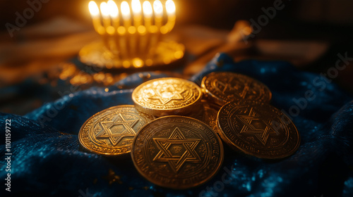 Hanukkah gold chocolate coins neatly arranged on a silver tray, surrounded by lit menorah candles, Ai generated images